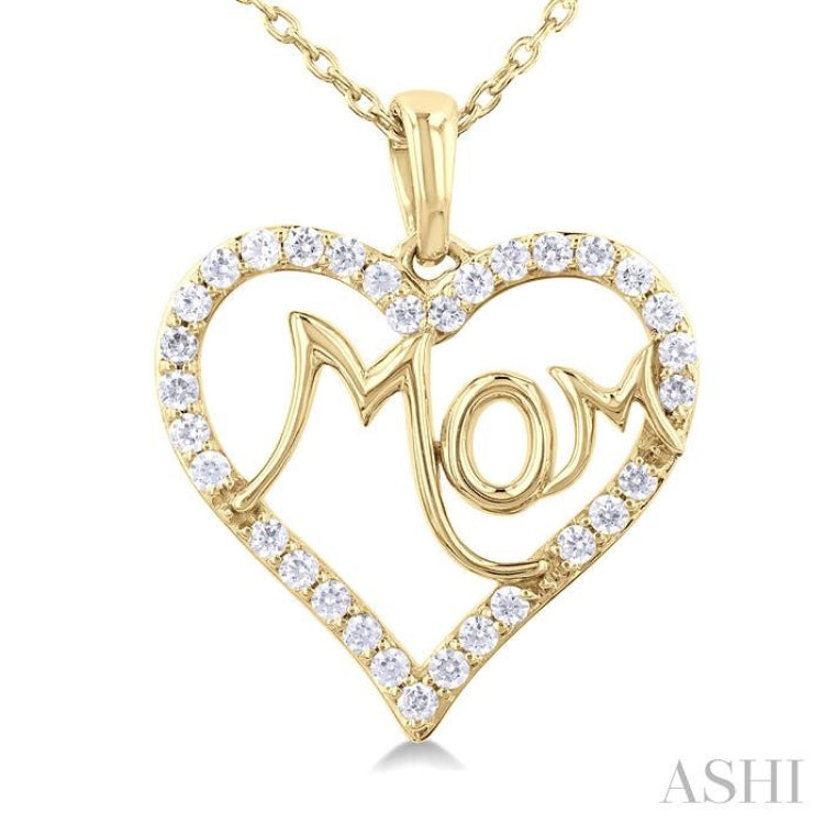 1/4 ctw 'MOM' Heart Frame Round Cut Diamond Fashion Pendant With Chain in 10K Yellow Gold