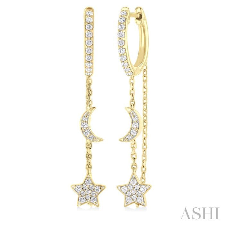 1/3 Ctw Crescent Moon & Star Round Cut Diamond Chain Dangler Hoop Earring in 10K Yellow Gold