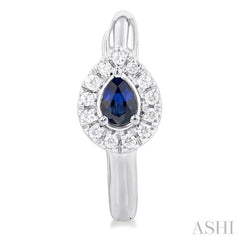 1/10 Ctw Petite 4X3 MM Pear Cut Sapphire and Round Cut Halo Diamond Fashion Huggies in 10K White Gold