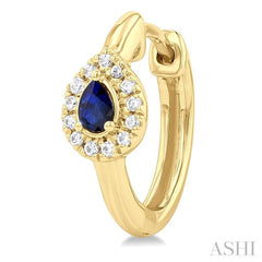 1/10 Ctw Petite 4X3 MM Pear Cut Sapphire and Round Cut Halo Diamond Fashion Huggies in 10K Yellow Gold