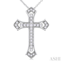 1/4 Ctw Cross Round Cut Diamond Fashion Pendant With Chain in 14K White Gold