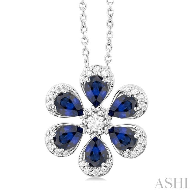 1/6 ctw Floral Blossom 4X3 MM Pear Cut Sapphire and Round Cut Diamond Precious Pendant With Chain in 14K White Gold