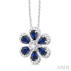 1/6 ctw Floral Blossom 4X3 MM Pear Cut Sapphire and Round Cut Diamond Precious Pendant With Chain in 14K White Gold