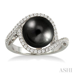 11x11MM Black Cultured Pearl and 1/3 Ctw Round Cut Diamond Ring in 14K White Gold