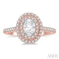 1/2 Ctw Oval Shape Semi-Mount Double Row Diamond Engagement Ring in 14K Rose and White Gold