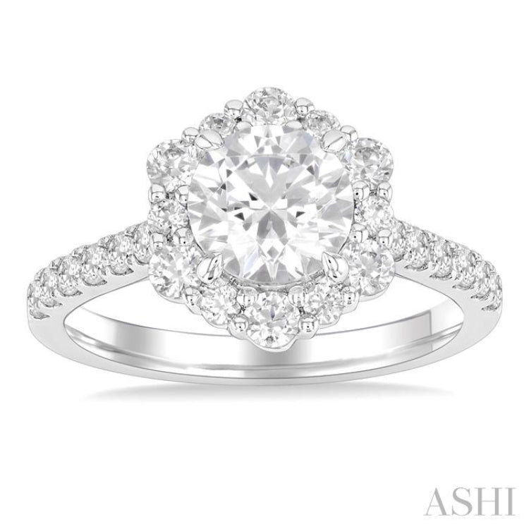 3/4 Ctw Scalloped Hexagon Centerpiece Circular Shape Round Cut Diamond Semi Mount Engagement Ring in 14K White Gold