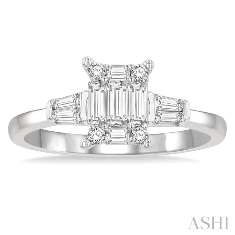 1/2 Ctw Baguette and Round Cut Fusion Diamond Engagement Ring in 14K White Gold