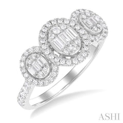 5/8 ctw Oval Shape Past, Present & Future Fusion Baguette and Round Cut Diamond Engagement Ring in 14K White Gold