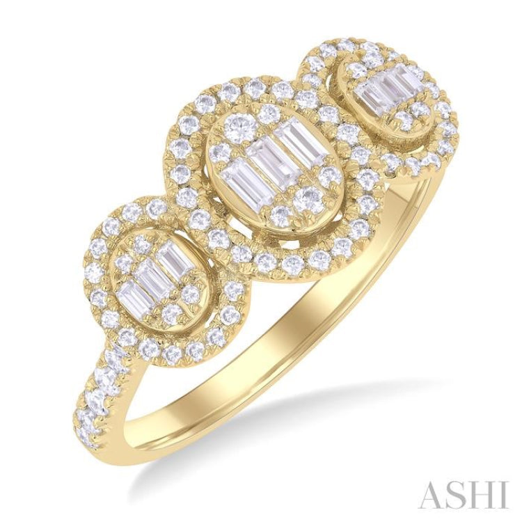 5/8 Ctw Oval Shape Past, Present & Future Fusion Baguette and Round Cut Diamond Engagement Ring in 14K Yellow Gold