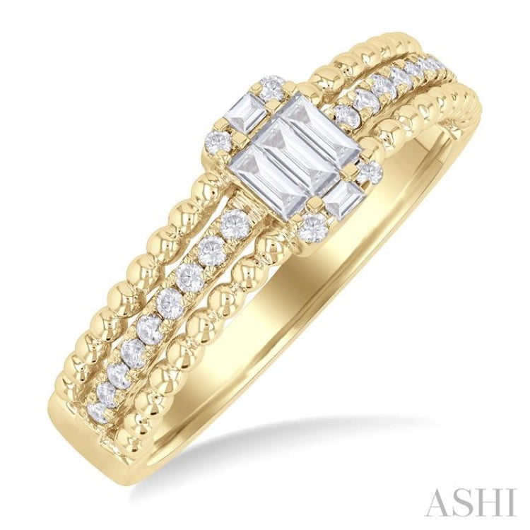 1/3 Ctw Split Beaded Three Row Fusion Baguette and Round Cut Diamond Fashion Band in 14K Yellow Gold