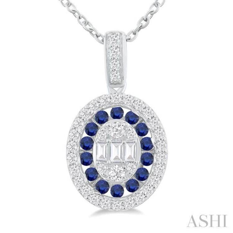 1/4 Ctw Oval Shape 1.25 MM Sapphire, Baguette and Round Cut Diamond Precious Pendant With Chain in 14K White Gold