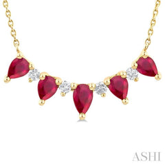 1/8 ctw Pear Cut 5X3 and 4X3MM Precious Ruby & Round Cut Diamond Necklace in 14K Yellow Gold