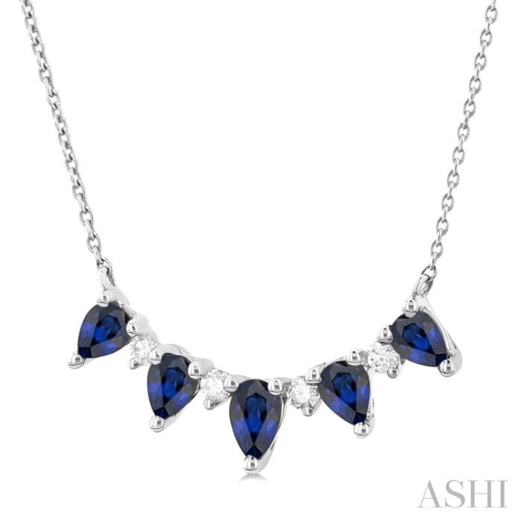 1/8 ctw Pear Cut 5X3 and 4X3MM Precious Sapphire & Round Cut Diamond Necklace in 14K White Gold