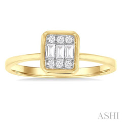 1/6 Ctw Petite Bezel Set Emerald Shape Fusion Baguette and Round Cut Diamond Fashion Ring in 10K Yellow Gold