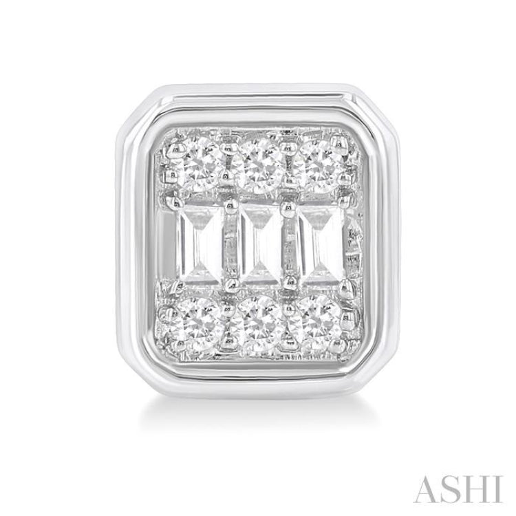 1/5 Ctw Petite Bezel Set Emerald Shape Fusion Baguette and Round Cut Diamond Fashion Stud Earring in 10K White Gold