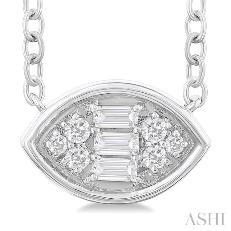 1/6 Ctw Petite Bezel Set East-West Marquise Shape Fusion Baguette and Round Cut Diamond Fashion Pendant With Chain in 10K White Gold