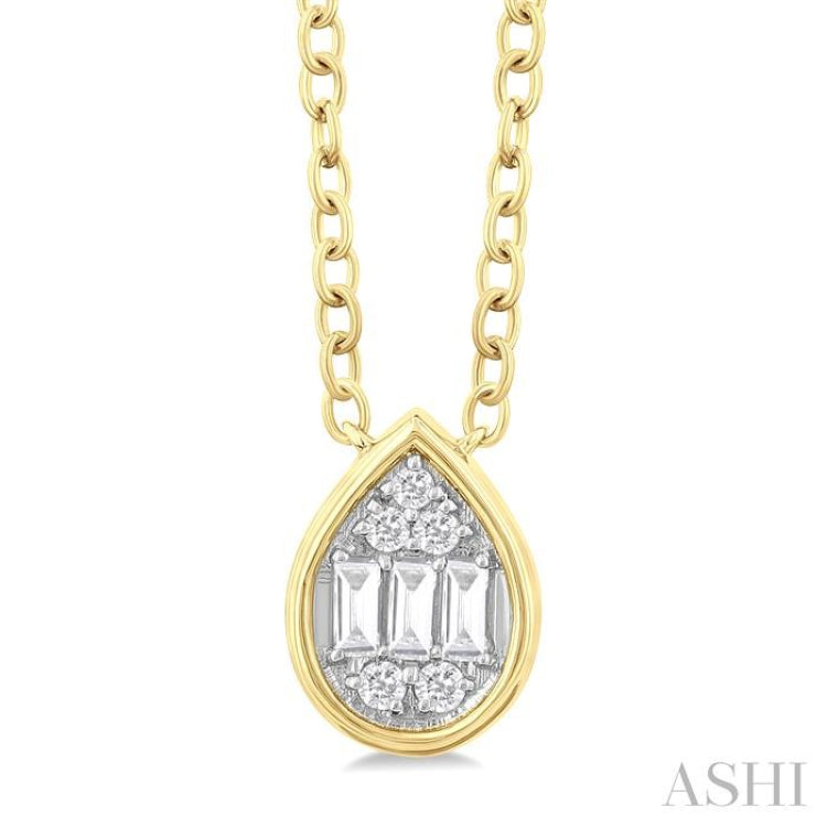 1/6 Ctw Petite Bezel Set Pear Shape Fusion Baguette and Round Cut Diamond Fashion Pendant With Chain in 10K Yellow Gold