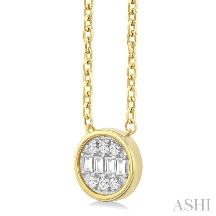 1/6 Ctw Petite Bezel Set Round Shape Fusion Baguette and Round Cut Diamond Fashion Pendant With Chain in 10K Yellow Gold