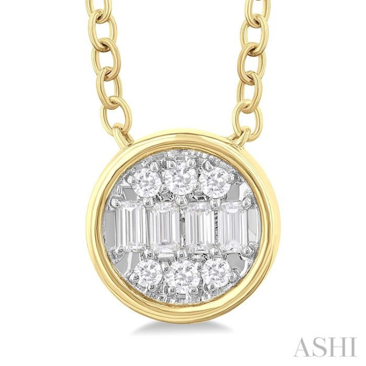 1/6 Ctw Petite Bezel Set Round Shape Fusion Baguette and Round Cut Diamond Fashion Pendant With Chain in 10K Yellow Gold