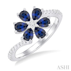 1/5 ctw Floral Blossom 4X3 MM Pear Cut Sapphire and Round Cut Diamond Bypass Precious Ring in 14K White Gold