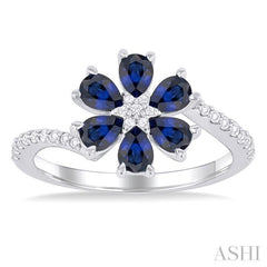 1/5 ctw Floral Blossom 4X3 MM Pear Cut Sapphire and Round Cut Diamond Bypass Precious Ring in 14K White Gold