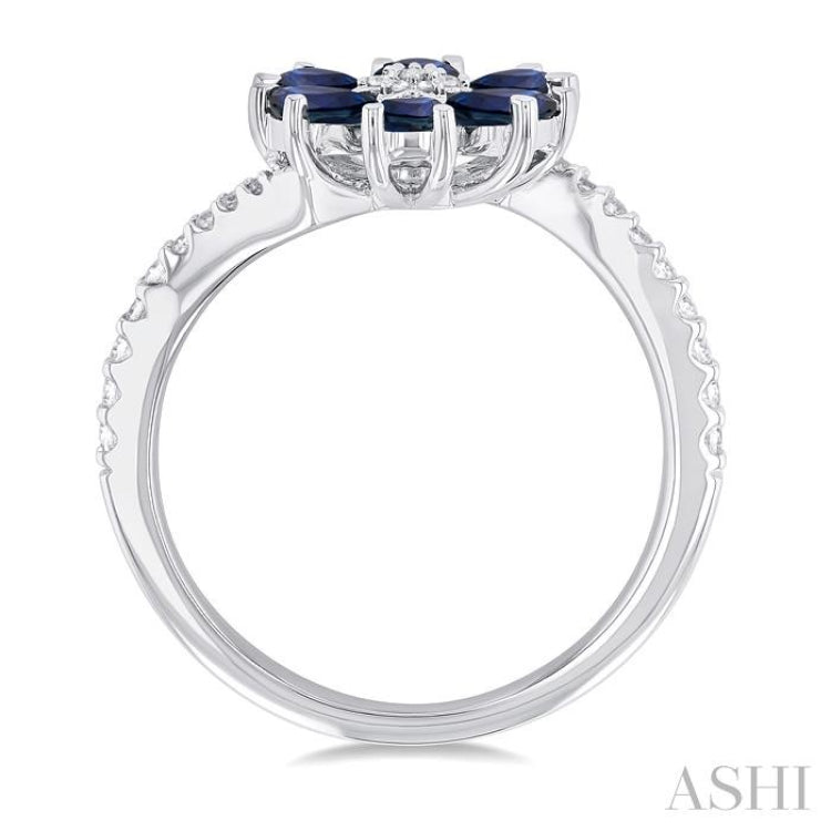 1/5 ctw Floral Blossom 4X3 MM Pear Cut Sapphire and Round Cut Diamond Bypass Precious Ring in 14K White Gold