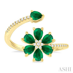 1/10 ctw Floral Blossom 4X3 MM Pear Cut Emerald and Round Cut Diamond Open Precious Ring in 14K Yellow Gold