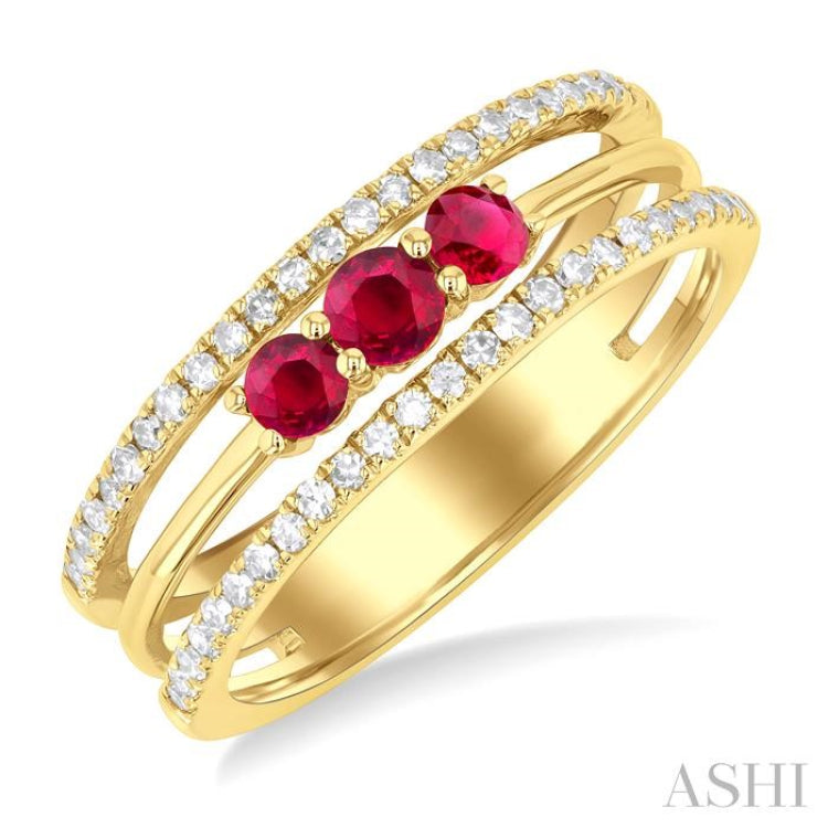 3.2MM, 2.7MM Round Cut Ruby & 1/4 ctw Single Cut Diamond Past, Present and Future Precious Layered Fashion Ring in 10K Yellow Gold