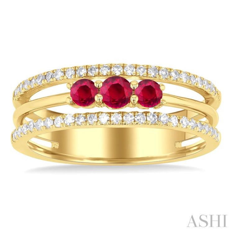 3.2MM, 2.7MM Round Cut Ruby & 1/4 ctw Single Cut Diamond Past, Present and Future Precious Layered Fashion Ring in 10K Yellow Gold