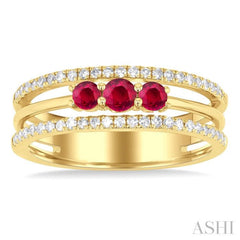 3.2MM, 2.7MM Round Cut Ruby & 1/4 ctw Single Cut Diamond Past, Present and Future Precious Layered Fashion Ring in 10K Yellow Gold