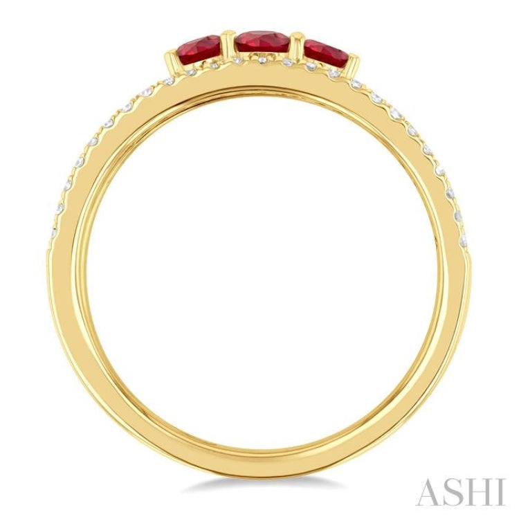 3.2MM, 2.7MM Round Cut Ruby & 1/4 ctw Single Cut Diamond Past, Present and Future Precious Layered Fashion Ring in 10K Yellow Gold