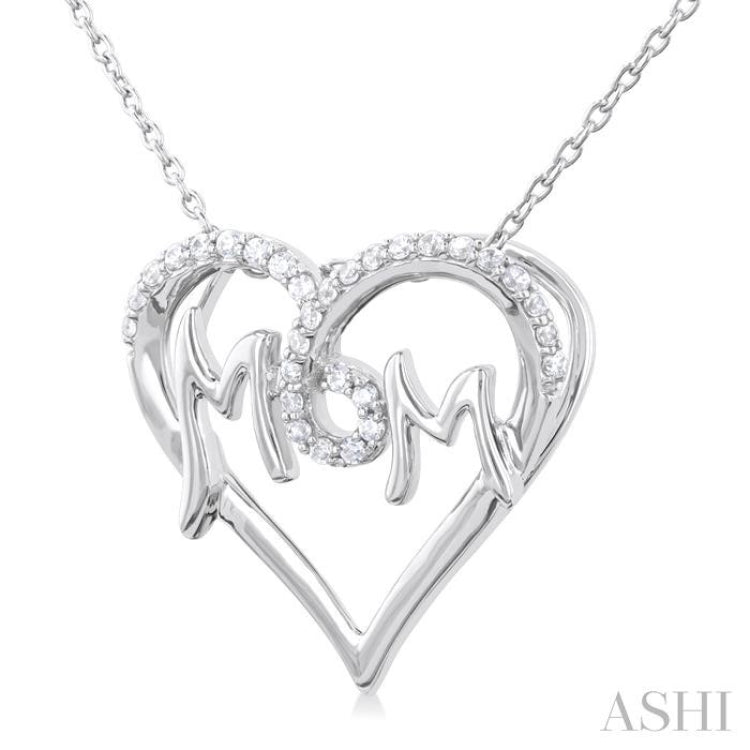 1/6 ctw 'MOM' Heart Frame Round Cut Diamond Fashion Pendant With Chain in 10K White Gold