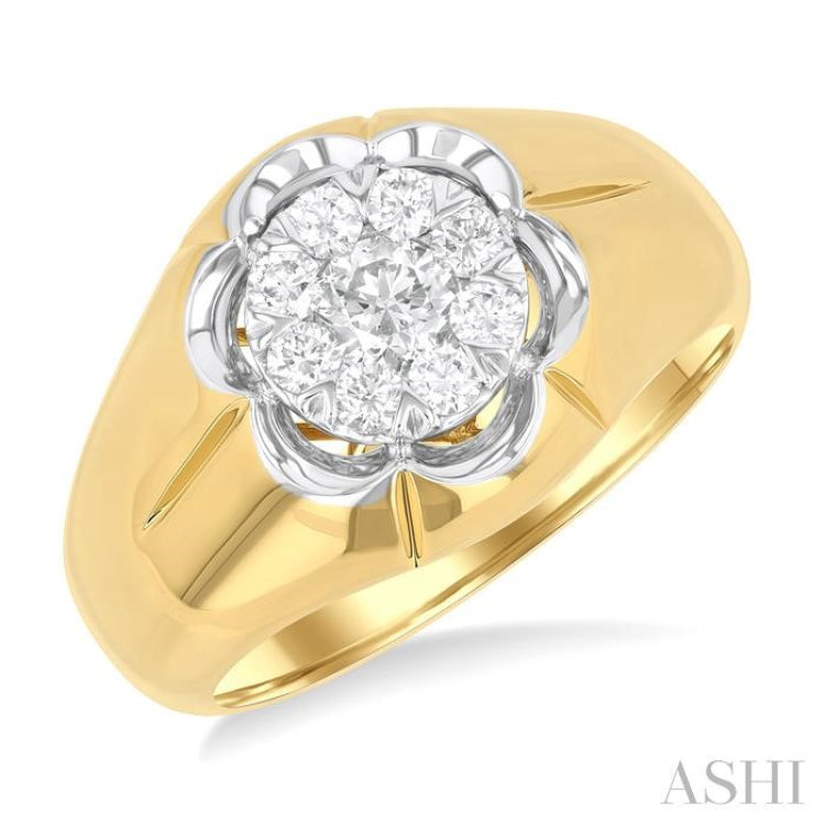 3/4 ctw Floral Center Lovebright Round Cut Diamond Men's Ring in 10K Yellow and White Gold