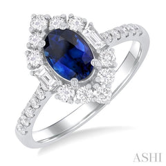 7X5MM Oval Cut Sapphire & 5/8 ctw Baguette and Round Cut Diamond Halo Precious Ring in 14K White Gold