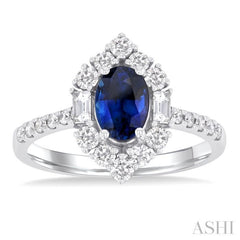 7X5MM Oval Cut Sapphire & 5/8 ctw Baguette and Round Cut Diamond Halo Precious Ring in 14K White Gold