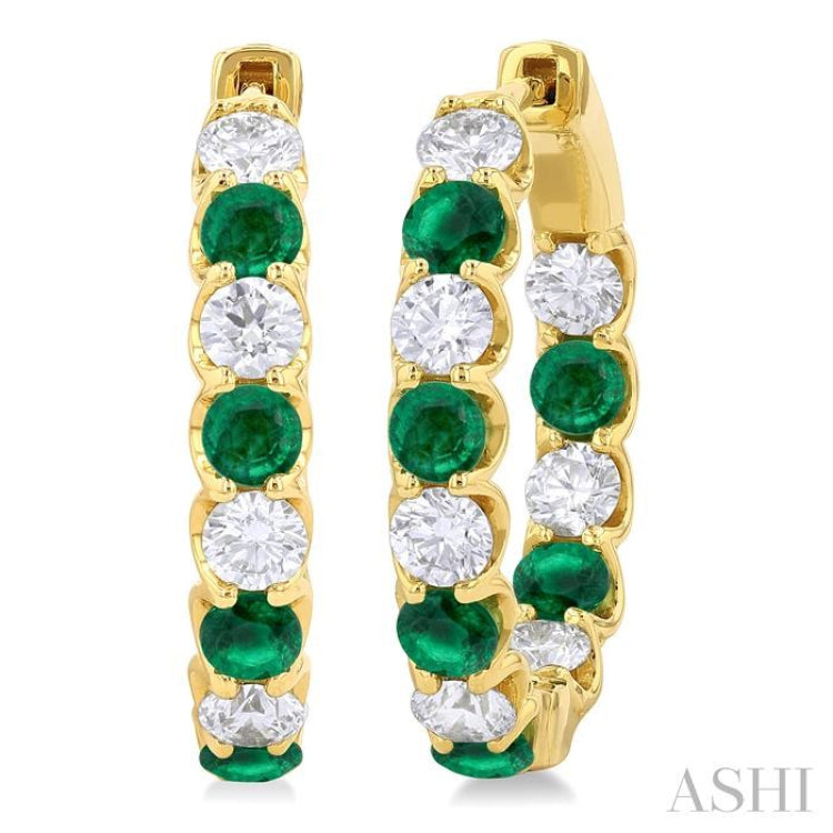 3.1MM Emerald and 1 5/8 ctw Round Cut Inside-Out Diamond Precious Hoop Earrings in 14K Yellow Gold