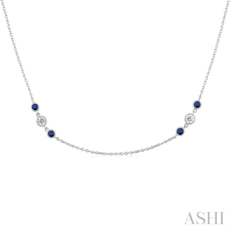 2.25MM Sapphire and 1/2 ctw Round Cut Diamond Precious Station Necklace in 14K White Gold