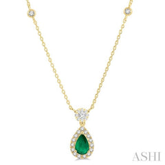 1/3 ctw Pear Cut 6X4MM Emerald and Round Cut Diamond Lovebright Precious Necklace in 14K Yellow Gold