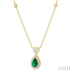 1/3 ctw Pear Cut 6X4MM Emerald and Round Cut Diamond Lovebright Precious Necklace in 14K Yellow Gold