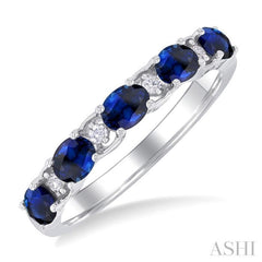 4X3MM East-West Set Oval Cut Sapphire and 1/20 ctw Round Cut Diamond Precious Band in 14K White Gold