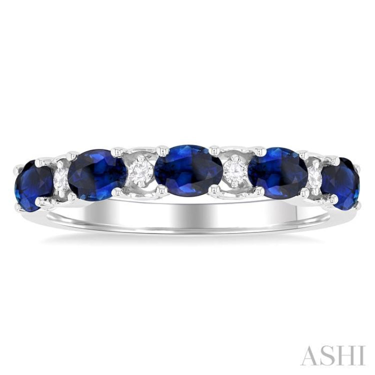 4X3MM East-West Set Oval Cut Sapphire and 1/20 ctw Round Cut Diamond Precious Band in 14K White Gold