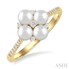 1/8 Ctw Floral Center 4 MM Cultured Pearl and Round Cut Diamond Fashion Ring in 10K Yellow Gold