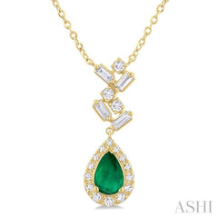 6X4MM Pear Cut Emerald and 1/5 ctw Scatter Baguette & Single Cut Halo Diamond Precious Necklace in 10K Yellow Gold