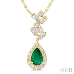 6X4MM Pear Cut Emerald and 1/5 ctw Scatter Baguette & Single Cut Halo Diamond Precious Necklace in 10K Yellow Gold