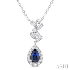 6X4MM Pear Cut Sapphire and 1/5 ctw Scatter Baguette & Single Cut Halo Diamond Precious Necklace in 10K White Gold