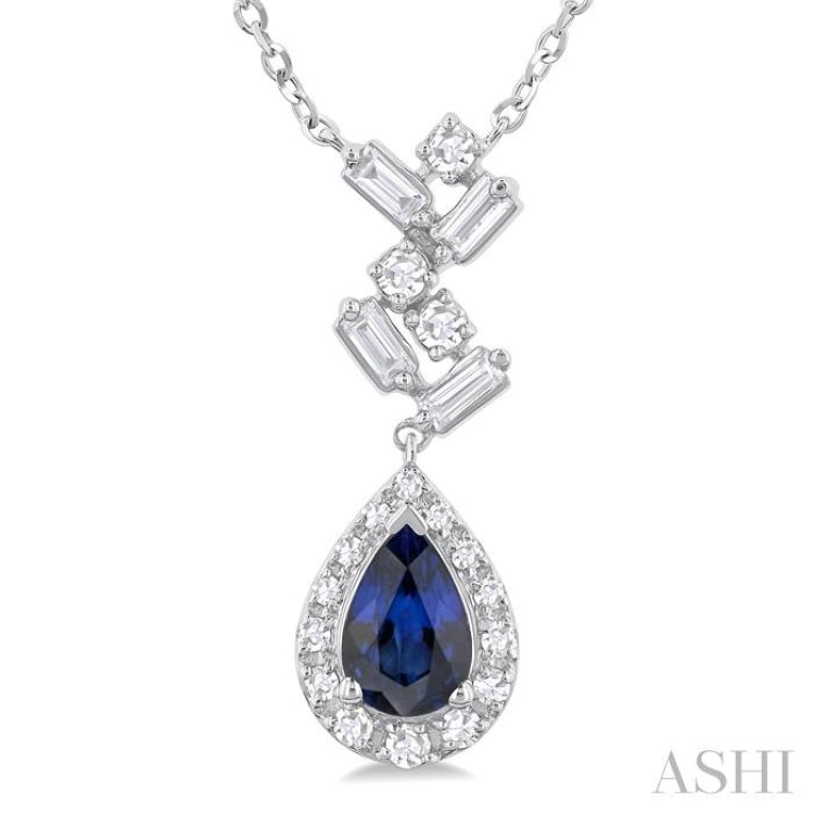 6X4MM Pear Cut Sapphire and 1/5 ctw Scatter Baguette & Single Cut Halo Diamond Precious Necklace in 10K White Gold