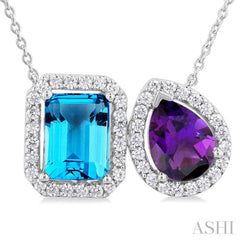 1/3 Ctw Toi Et Moi 8X6 MM Emerald Cut Blue Topaz and Pear Cut Amethyst & Round Cut Diamond Semi Precious Fashion Pendant With Chain in 14K White Gold