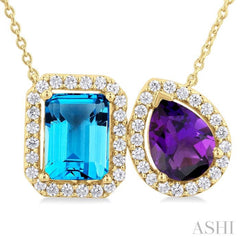 1/3 Ctw Toi Et Moi 8X6 MM Emerald Cut Blue Topaz and Pear Cut Amethyst & Round Cut Diamond Semi Precious Fashion Pendant With Chain in 14K Yellow Gold