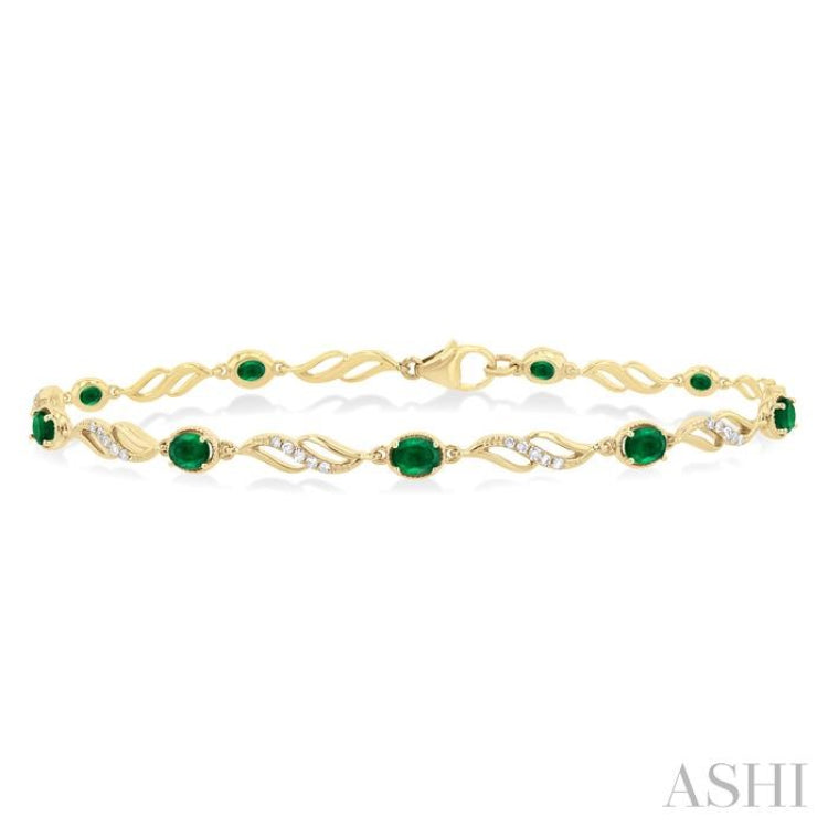 1/5 Ctw Oval Cut 4X3 MM Emerald and Round Cut Diamond Precious Eternity Link Tennis Bracelet in 10K Yellow Gold