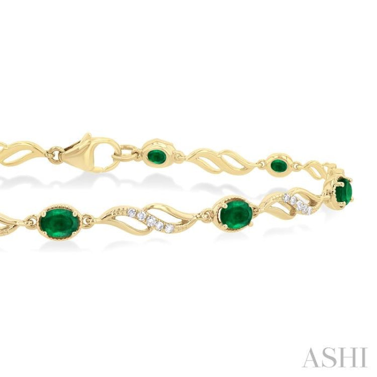 1/5 Ctw Oval Cut 4X3 MM Emerald and Round Cut Diamond Precious Eternity Link Tennis Bracelet in 10K Yellow Gold